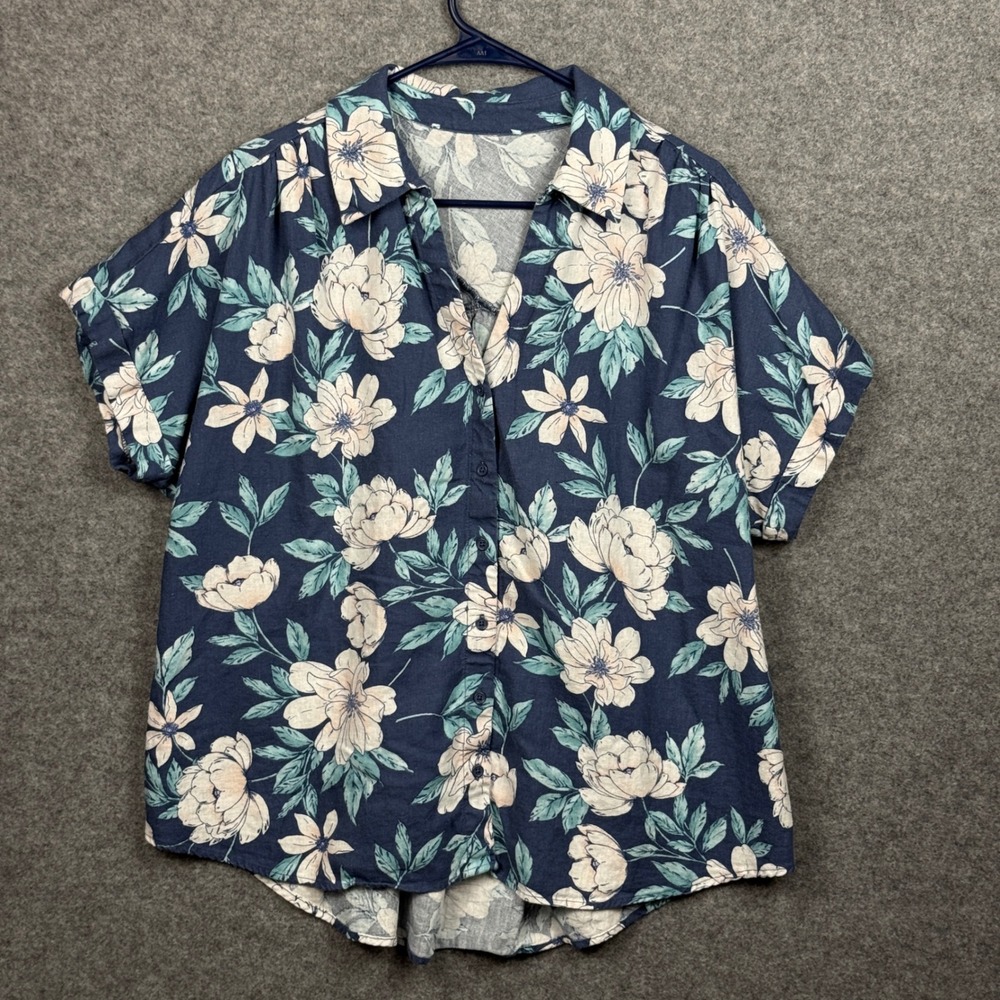 Blue Sol Women's 1X Floral Print Short Sleeve Button Front Shirt Linen Rayon‎